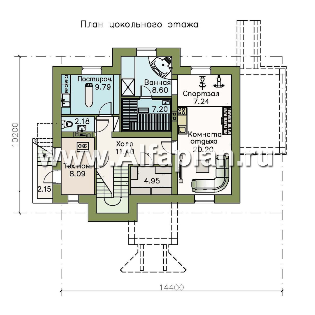 Проекты домов Альфаплан - «Разумовский» - проект двухэтажного дома, с террасой, со вторым светом, с цокольным этажом - изображение плана проекта №1