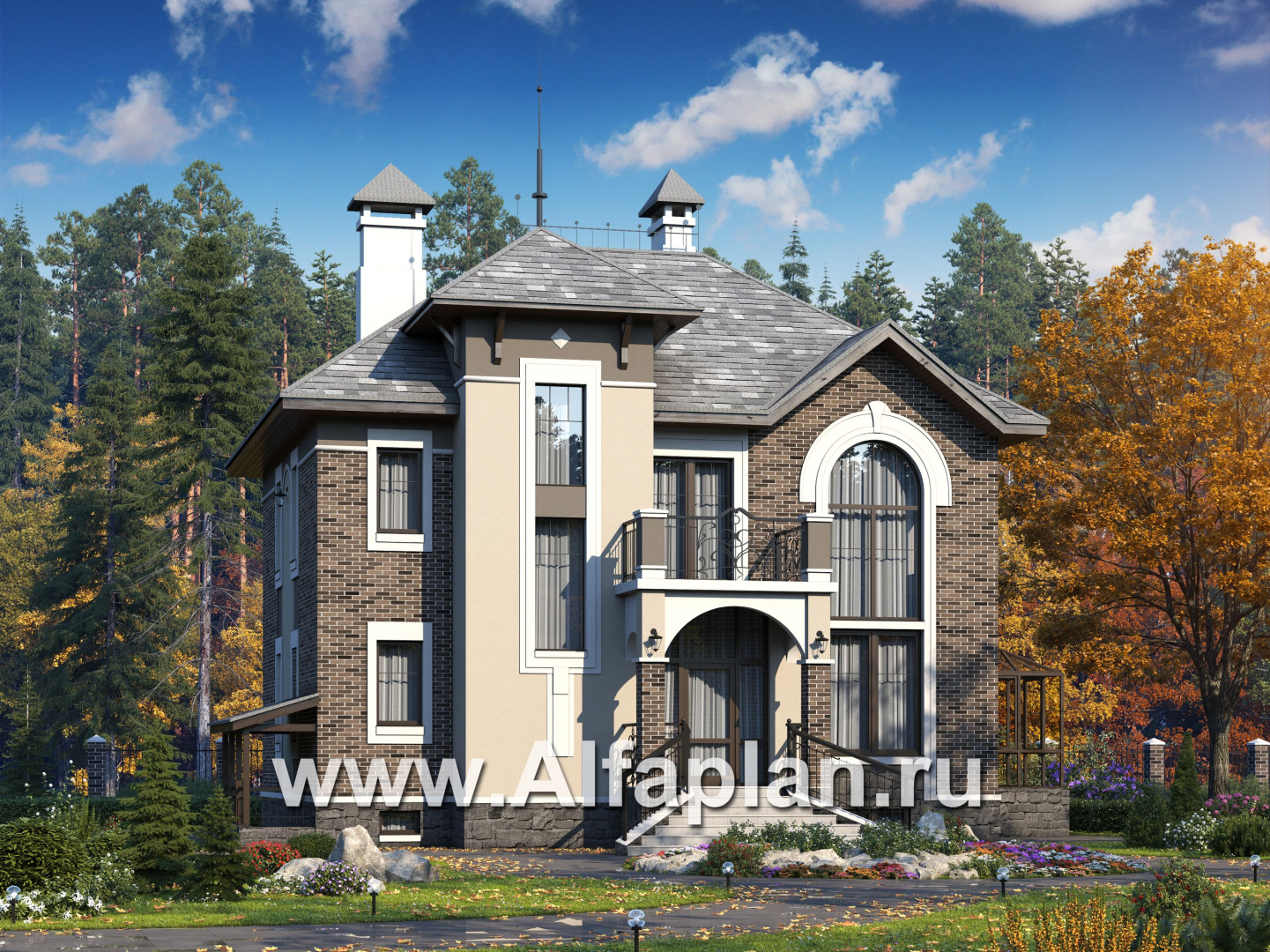 Проекты домов Альфаплан - «Разумовский» - проект двухэтажного дома, с террасой, со вторым светом, с цокольным этажом - основное изображение
