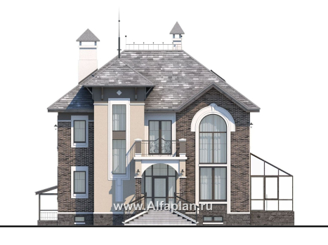 Проекты домов Альфаплан - «Разумовский» - проект двухэтажного дома, с террасой, со вторым светом, с цокольным этажом - превью фасада №1
