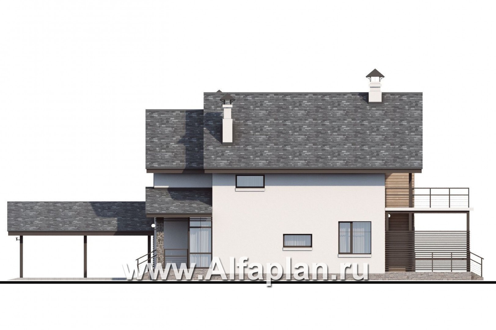 «Гольфстрим» - проект дома с мансардой в скандинавском стиле, с террасой и навесом на 2 авто, для узкого участка - фасад дома