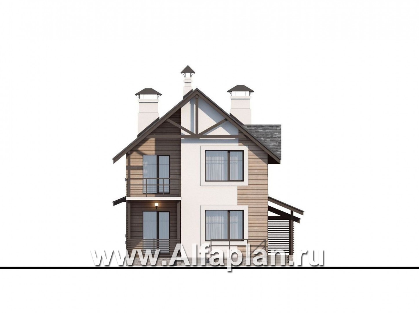 «Гольфстрим» - проект дома с мансардой в скандинавском стиле, с террасой и навесом на 2 авто, для узкого участка - фасад дома