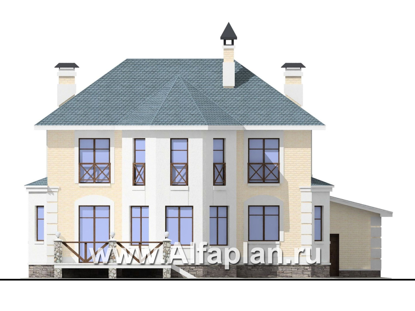 Проекты домов Альфаплан - «Петровское барокко»- двухэтажный коттедж с гаражом на два автомобиля - изображение фасада №4