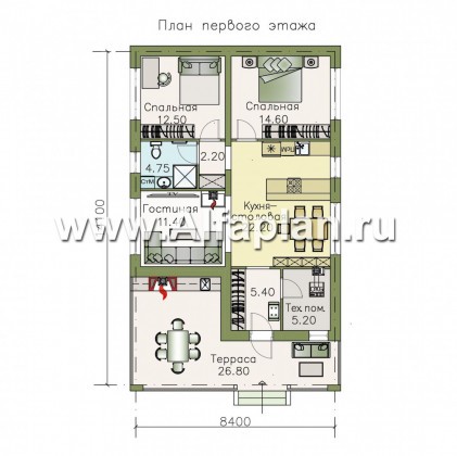 «Мелета» - проект одноэтажного дома из газобетона, 3 спальни, с террасой, в современном стиле - превью план дома