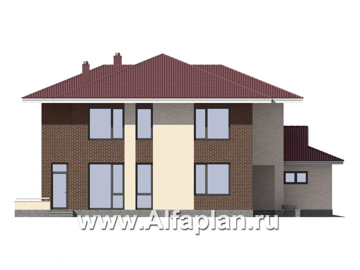 Проект двухэтажного коттеджа, планировка с кабинетом и с гаражом на 2 авто, с террасой, в современном стиле - фасад дома
