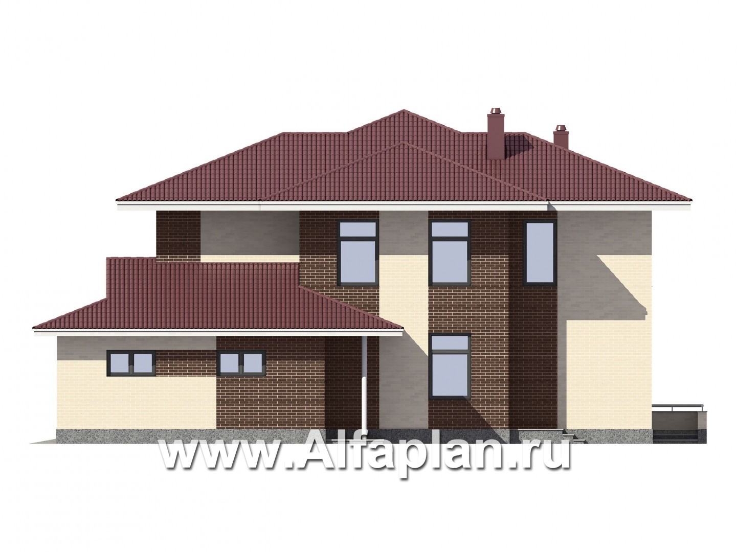 Проект двухэтажного коттеджа, планировка с кабинетом и с гаражом на 2 авто, с террасой, в современном стиле - фасад дома