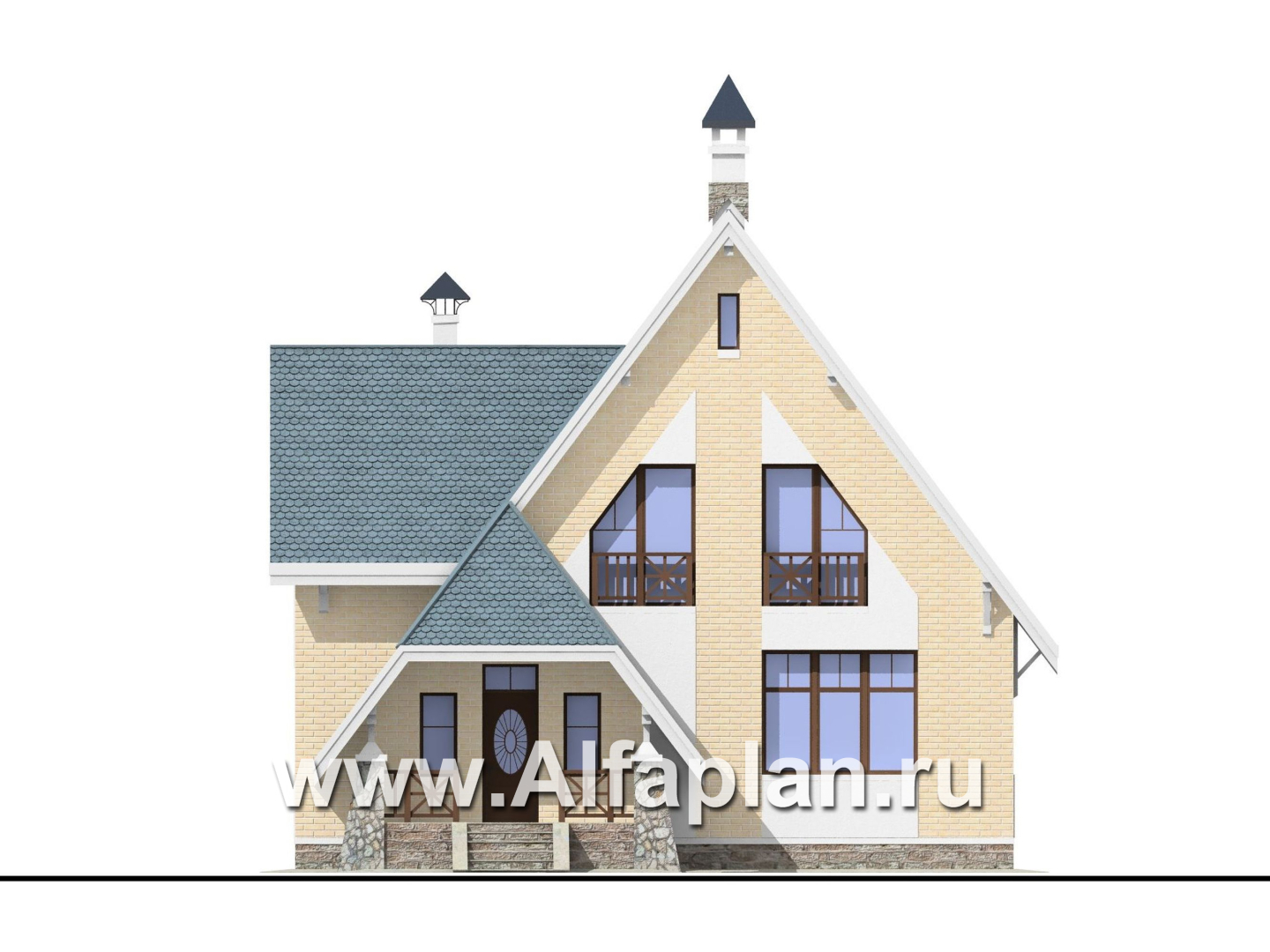 Проекты домов Альфаплан - «Шесть соток» - проект дома с мансардой, с террасой - изображение фасада №1