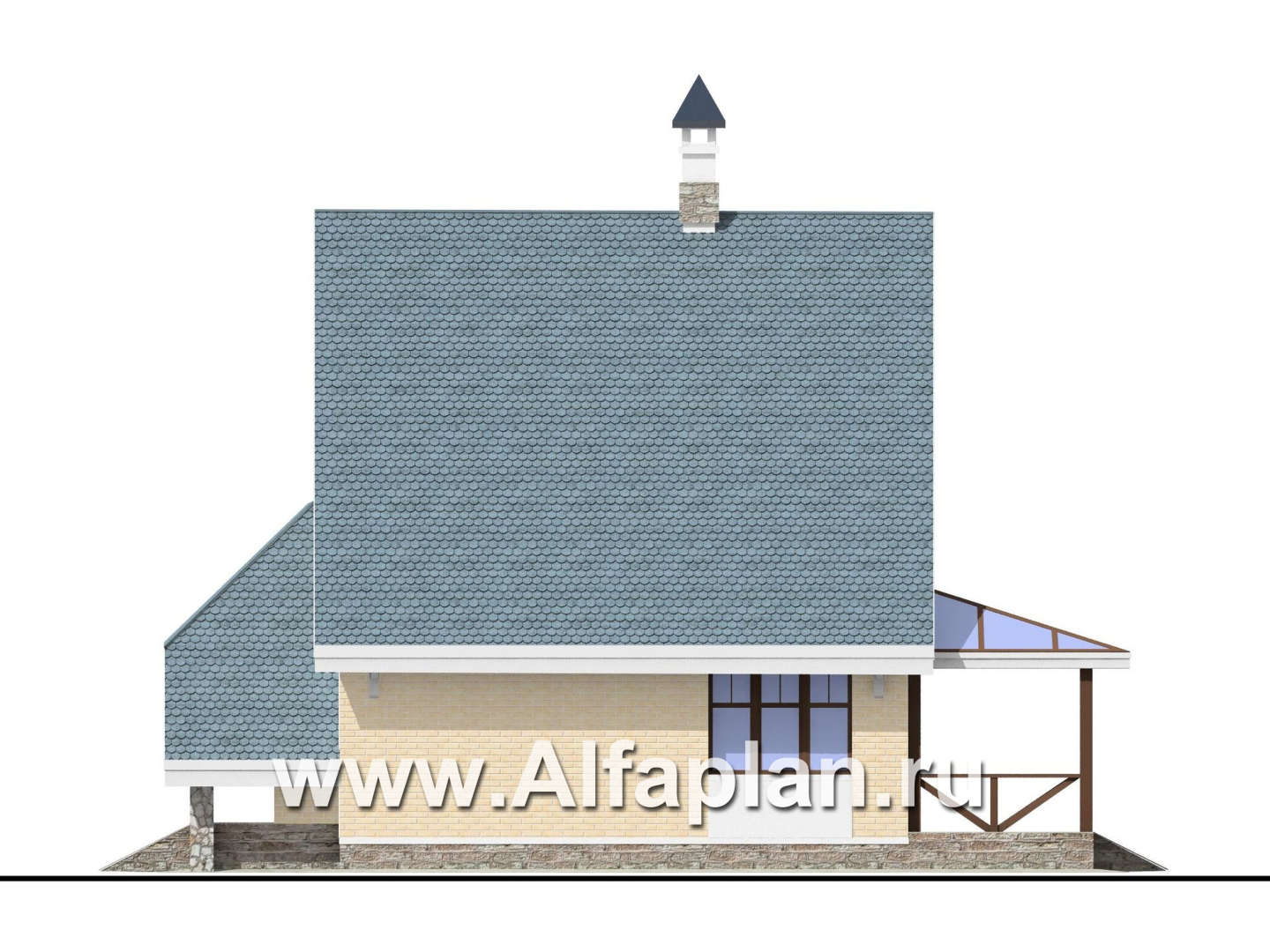 Проекты домов Альфаплан - «Шесть соток» - проект дома с мансардой, с террасой - изображение фасада №2