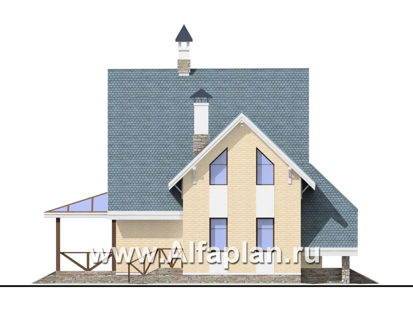 Проекты домов Альфаплан - «Шесть соток» - проект дома с мансардой, с террасой - изображение фасада №3