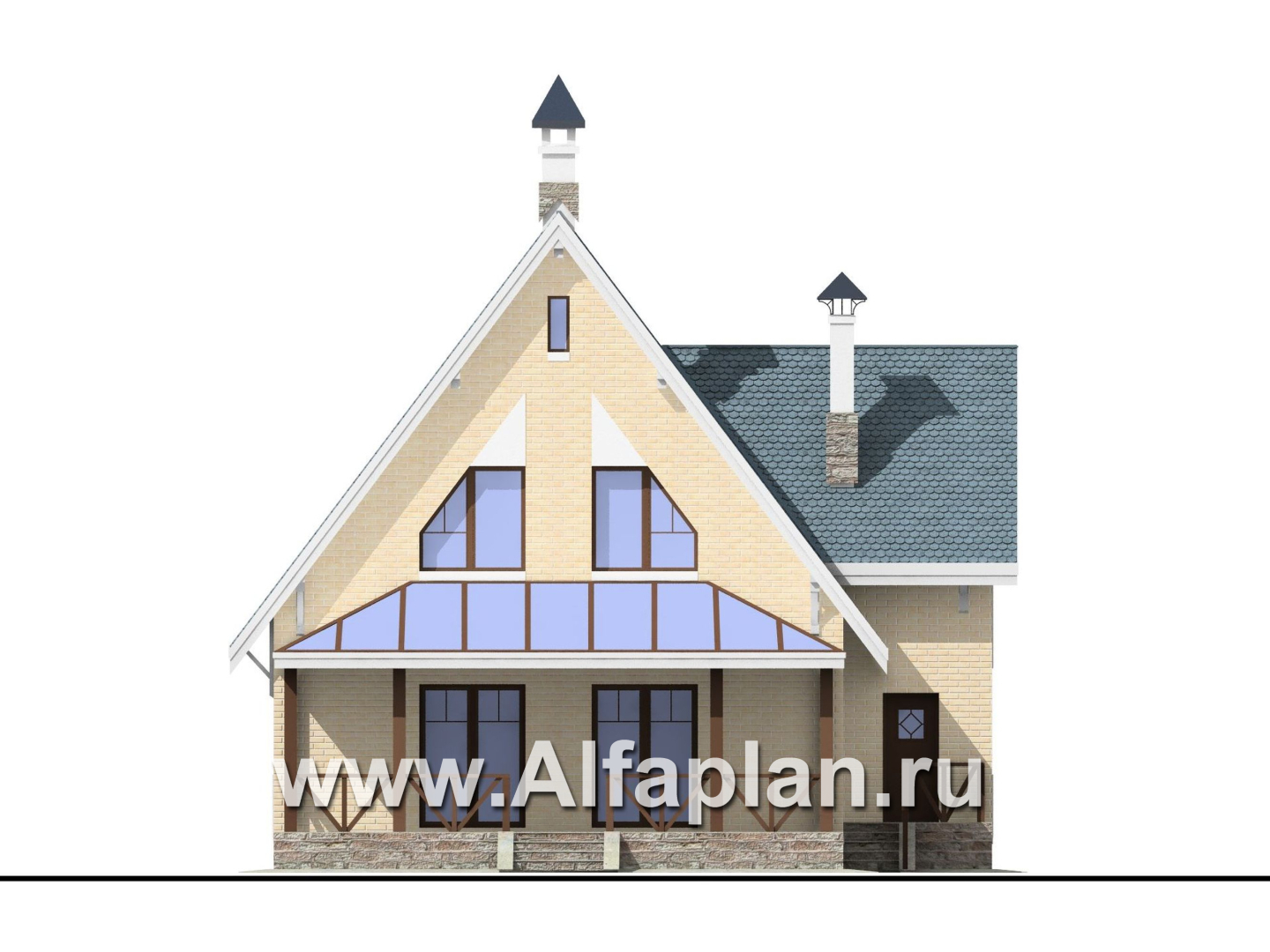 Проекты домов Альфаплан - «Шесть соток» - проект дома с мансардой, с террасой - изображение фасада №4