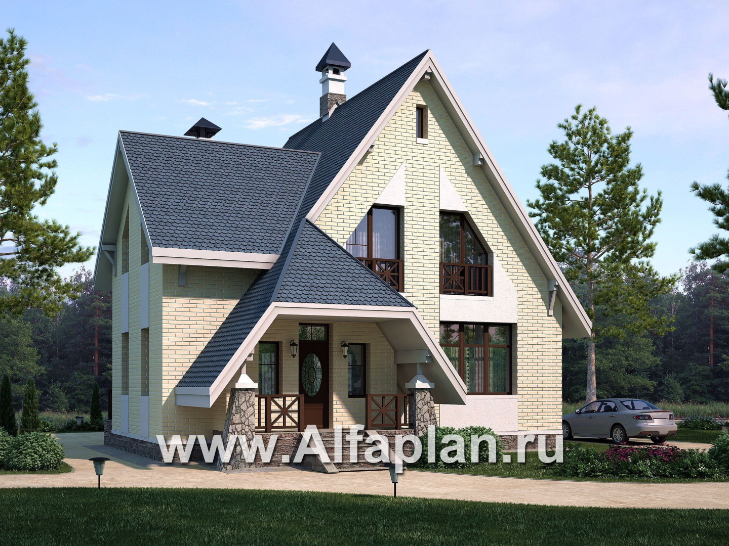 Проекты домов Альфаплан - «Шесть соток» - проект дома с мансардой, с террасой - основное изображение