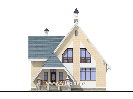 Проекты домов Альфаплан - «Шесть соток» - проект дома с мансардой, с террасой - превью фасада №1