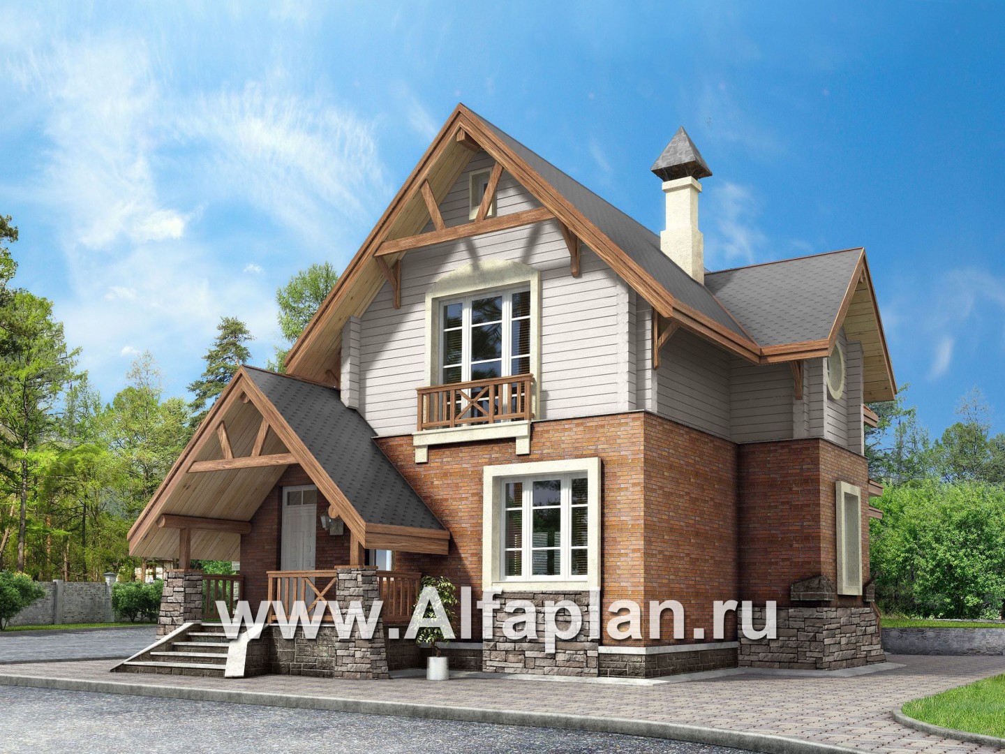 «Альпенхаус»- проект дома с мансардой, высокий потолок в гостиной, в стиле  шале, 1 эт из кирпича, 2 эт из бруса - дизайн дома №1