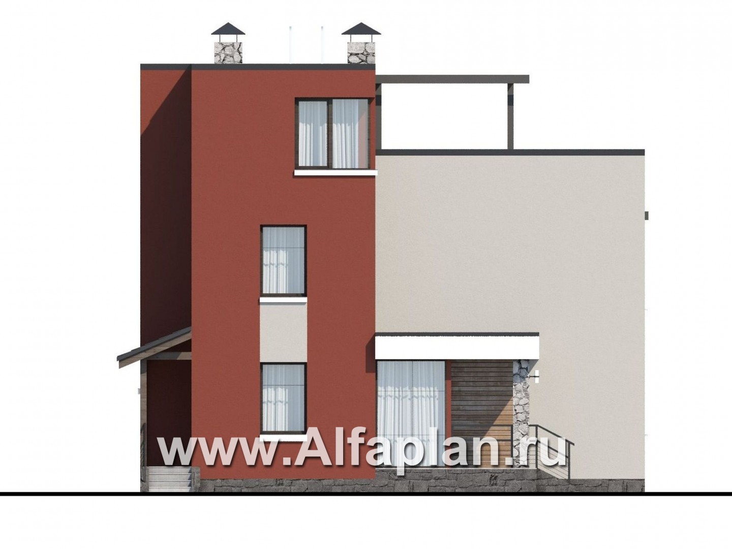 «Виток спирали» - проект двухэтажного современного дома, плоской эксплуатируемой крышей, в стиле минимализм - фасад дома