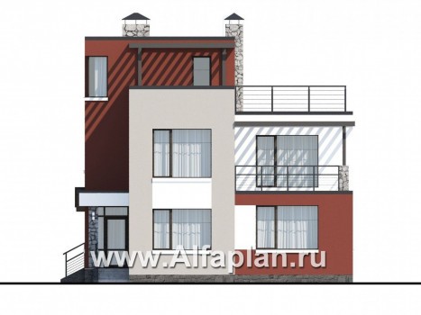 «Виток спирали» - проект двухэтажного современного дома, плоской эксплуатируемой крышей, в стиле минимализм - превью фасада дома