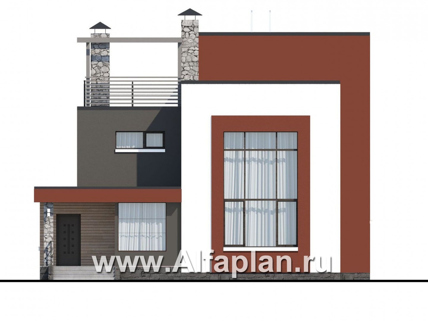 «Пристань» - проект двухэтажного современного дома, плоской эксплуатируемой крышей, в стиле минимализм - фасад дома