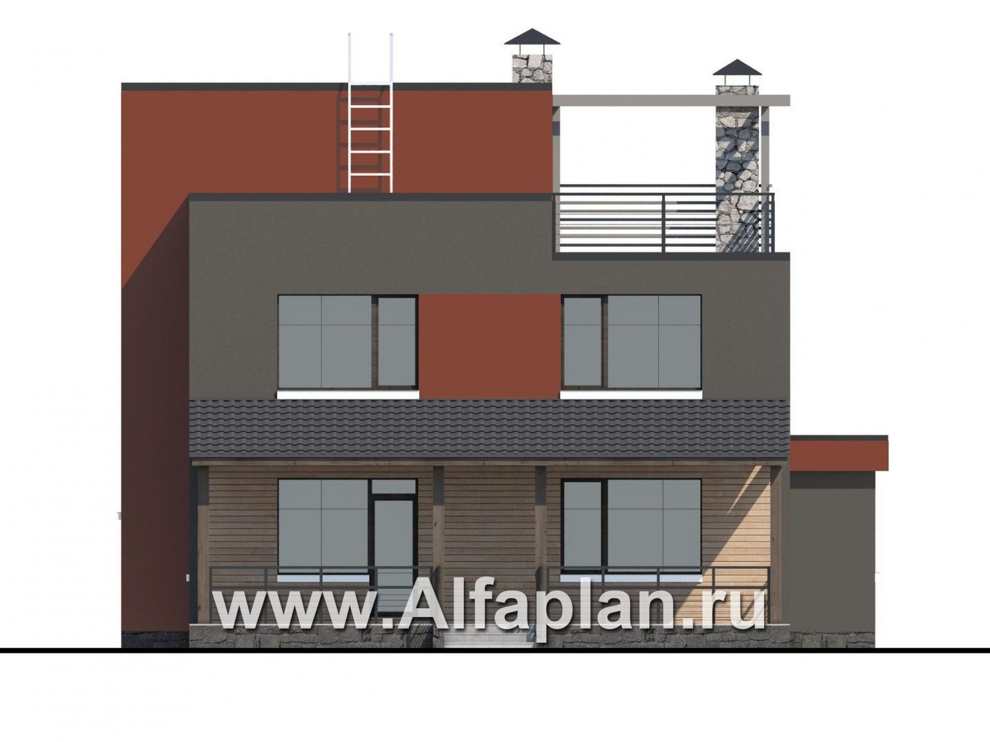 «Пристань» - проект двухэтажного современного дома, плоской эксплуатируемой крышей, в стиле минимализм - фасад дома