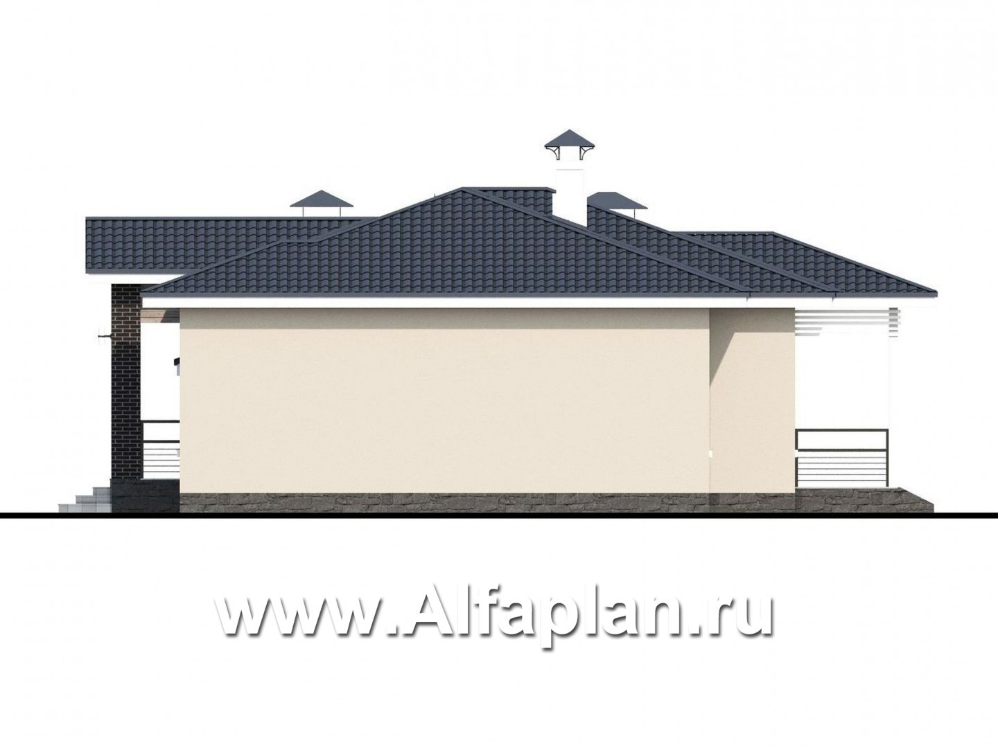 «Бирюса» - проект одноэтажного коттеджа, с террасой, планировка 2 спальни и гараж на 1 авто, для небольшой семьи - фасад дома
