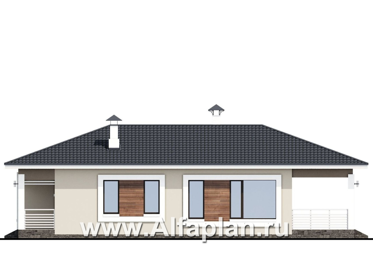 Проекты домов Альфаплан - «Каллиопа» - проект одноэтажного дома из кирпича для узкого участка с двумя спальнями - изображение фасада №2