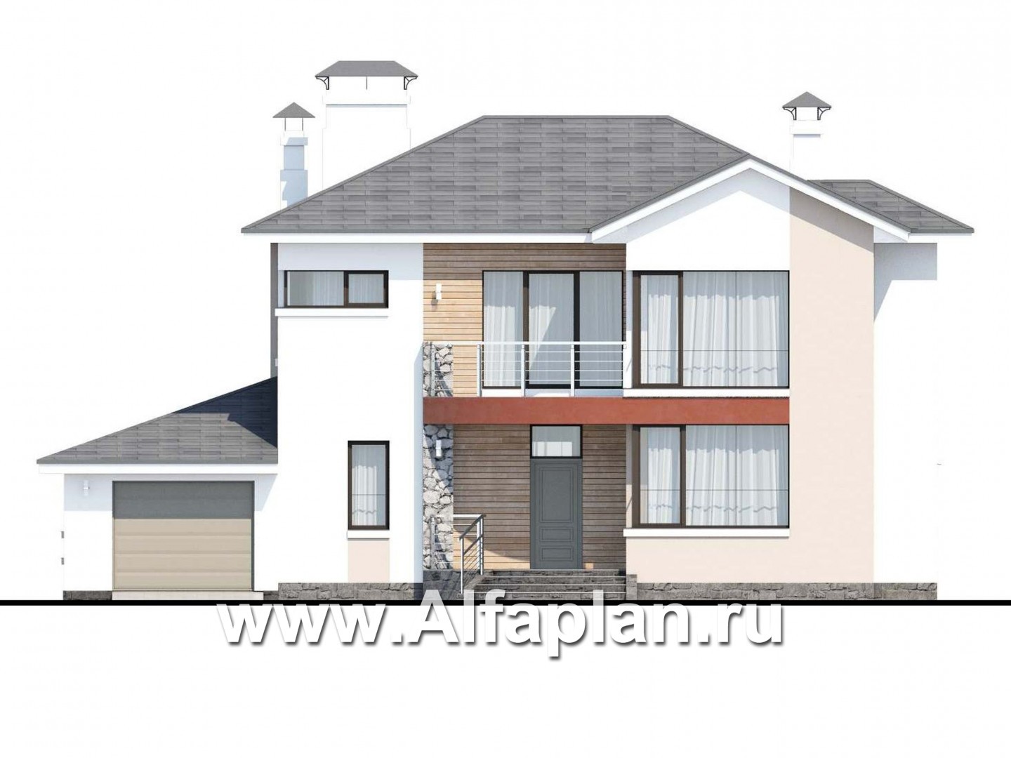 Проекты домов Альфаплан - «Платина» - проект двухэтажного современного дома, с террасой, в современном стиле - изображение фасада №1