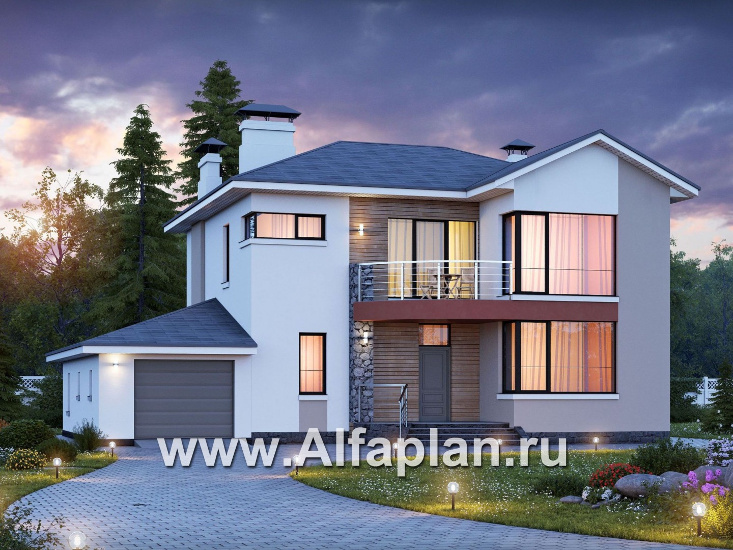 Проекты домов Альфаплан - «Платина» - проект двухэтажного современного дома, с террасой, в современном стиле - основное изображение
