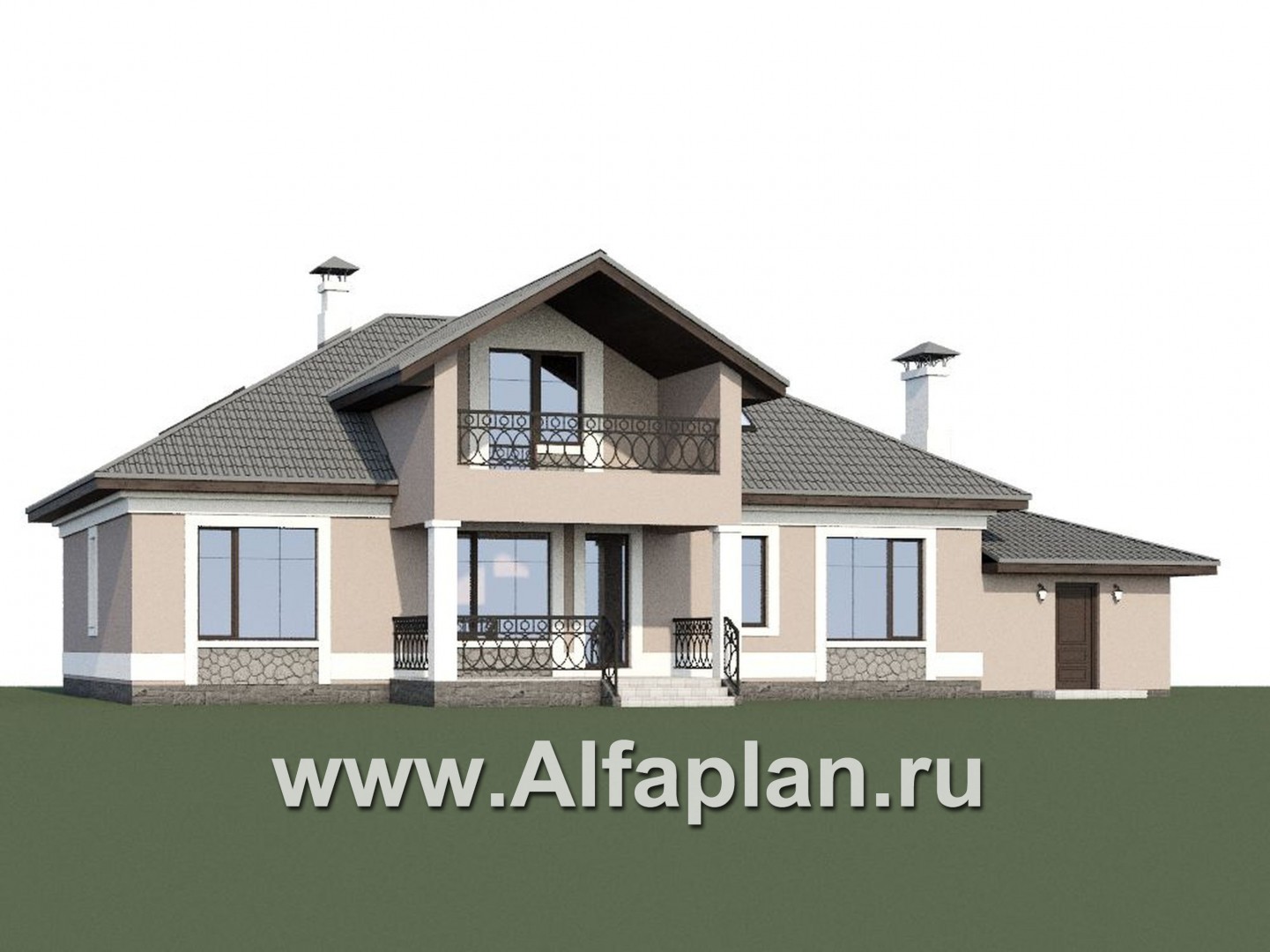 «Волга» - проект дома с мансардой, из газобетона, с террасой, планировка с тремя жилыми комнатами на 1 этаже и вторым светом  и гаражом, с гаражом - дизайн дома №1