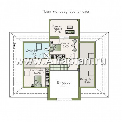 «Волга» - проект дома с мансардой, из газобетона, с террасой, планировка с тремя жилыми комнатами на 1 этаже и вторым светом  и гаражом, с гаражом - превью план дома