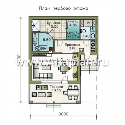 Проекты домов Альфаплан - Баня с небольшим бассейном и террасой - превью плана проекта №1