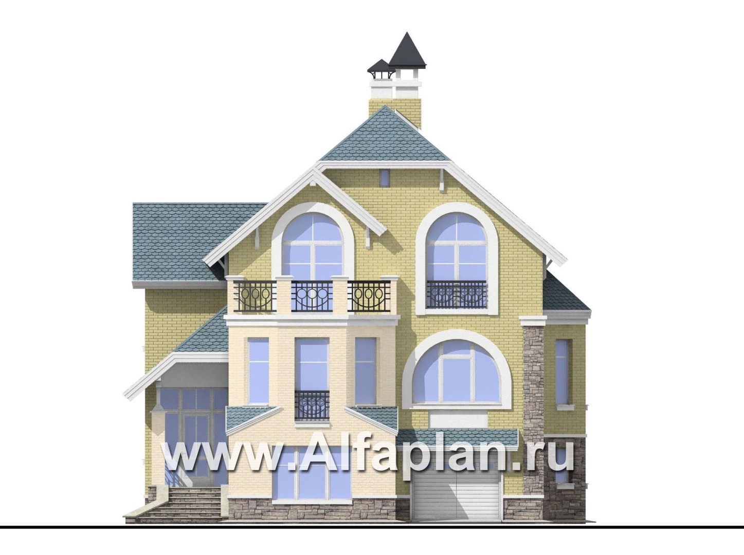 Проекты домов Альфаплан - «Корвет» -проект трехэтажного дома, с гаражом на 1 авто и спортзалом в цоколе, с эркером - изображение фасада №1