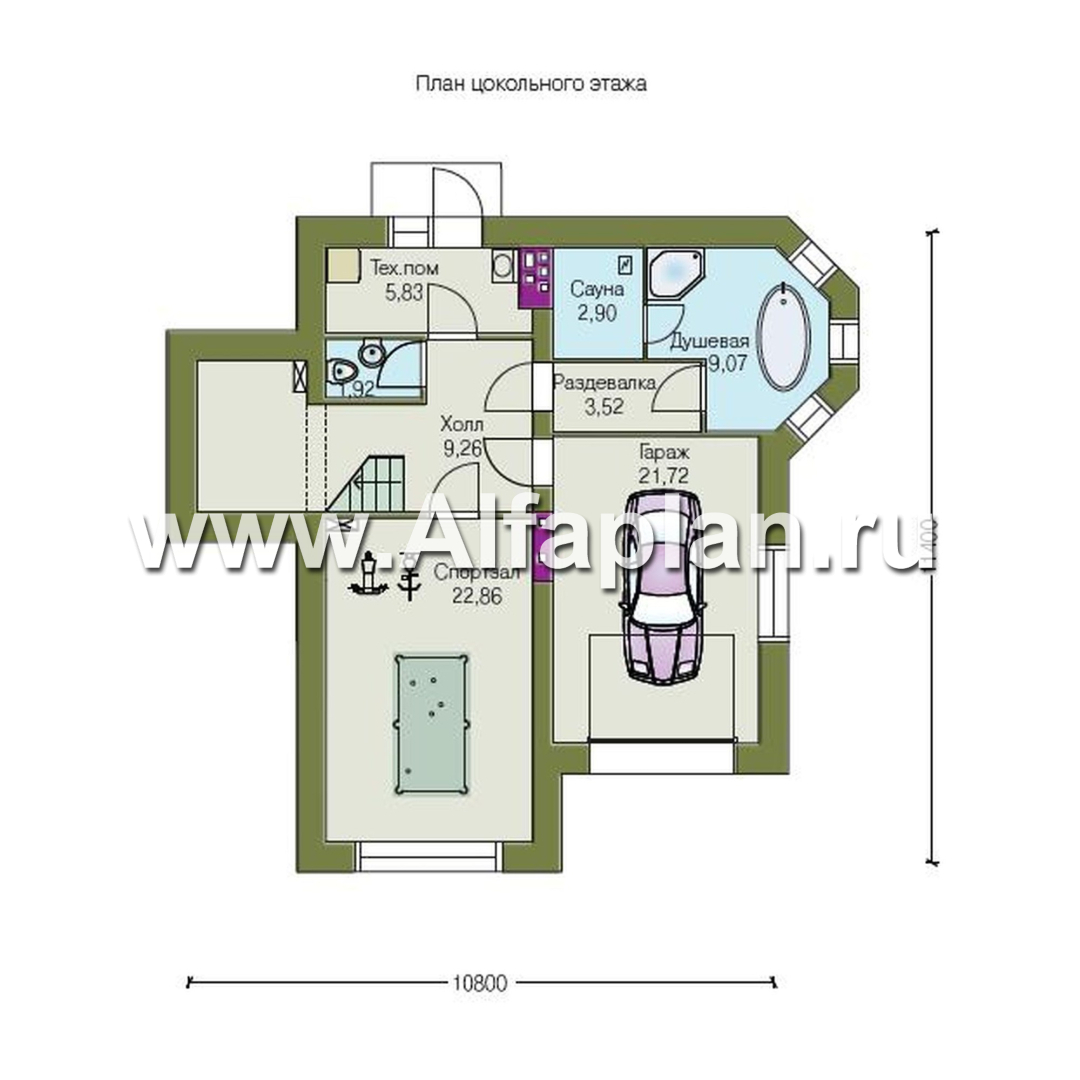 Проекты домов Альфаплан - «Корвет» -проект трехэтажного дома, с гаражом на 1 авто и спортзалом в цоколе, с эркером - изображение плана проекта №1