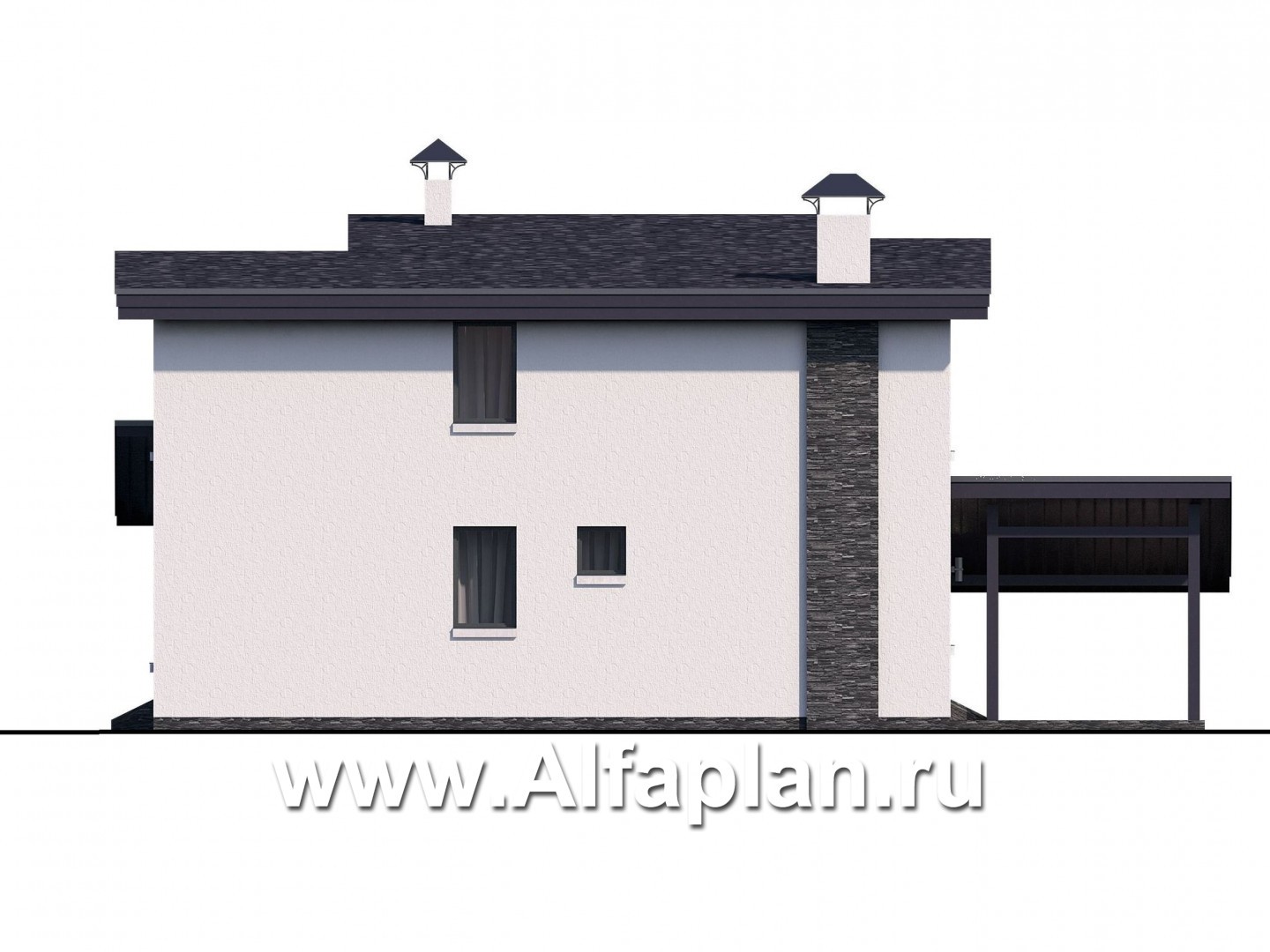 Проекты домов Альфаплан - "Модена" - проект двухэтажного дома из газобетона, с террасой, навес на 2 авто, в стиле минимализм - изображение фасада №3