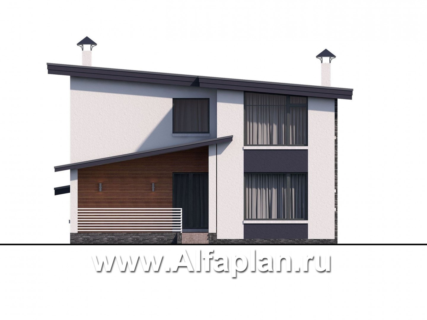 Проекты домов Альфаплан - "Модена" - проект двухэтажного дома из газобетона, с террасой, навес на 2 авто, в стиле минимализм - изображение фасада №4