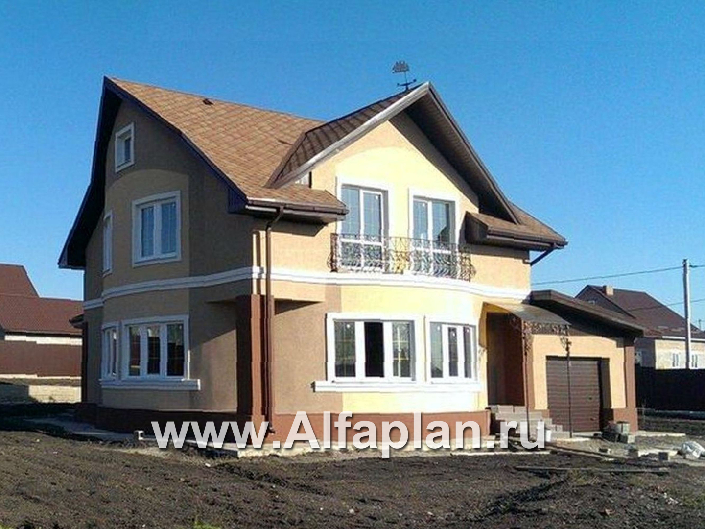 Проект двухэтажного дома из газобетона «Боген» с полукруглой гостиной, с террасой и гаражом - дизайн дома №2