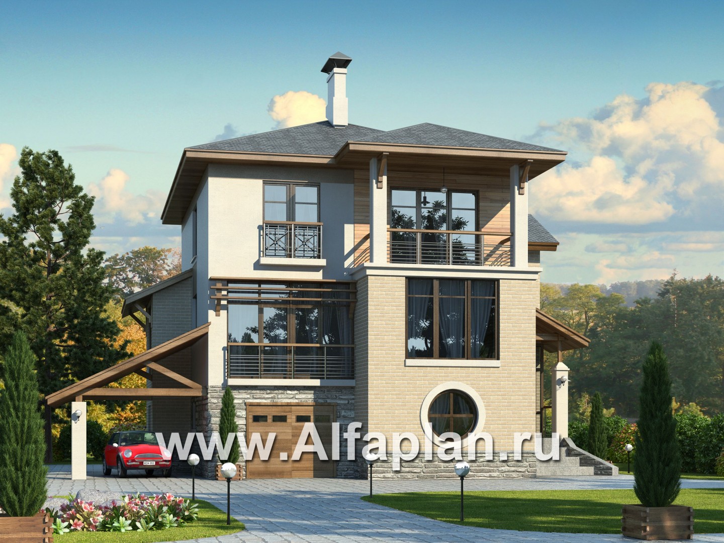 Проект трехэтажного дома из газобетона «Аура», с гаражом в цоколе, с сауной и спортзалом, с балконом и круглым окном - основное изображение