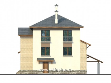 Проект трехэтажного дома из газобетона «Аура», с гаражом в цоколе, с сауной и спортзалом, с балконом и круглым окном - превью фасада дома