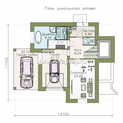 Проект трехэтажного дома из газобетона «Аура», с гаражом в цоколе, с сауной и спортзалом, с балконом и круглым окном - превью план дома