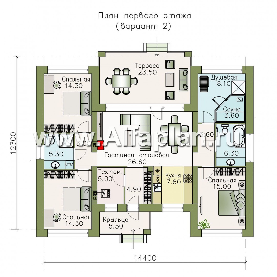 «Леда» - проект одноэтажного дома, 4 спальни, с террасой, отличная планировка - план дома