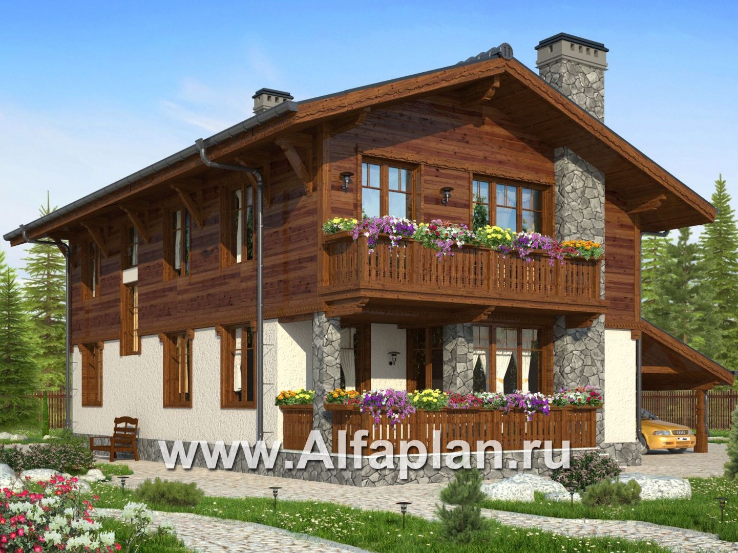 Проект двухэтажного дома, планировка 2 жилых комнаты на 1 эт,с террасой и с балконом, в стиле шале - основное изображение