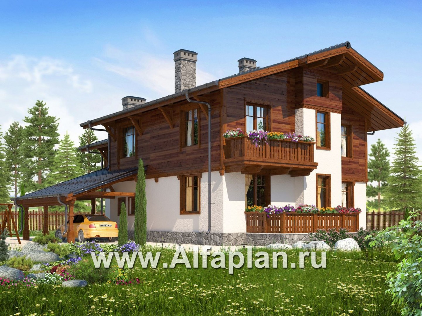 Проект двухэтажного дома, планировка 2 жилых комнаты на 1 эт,с террасой и с балконом, в стиле шале - дизайн дома №1