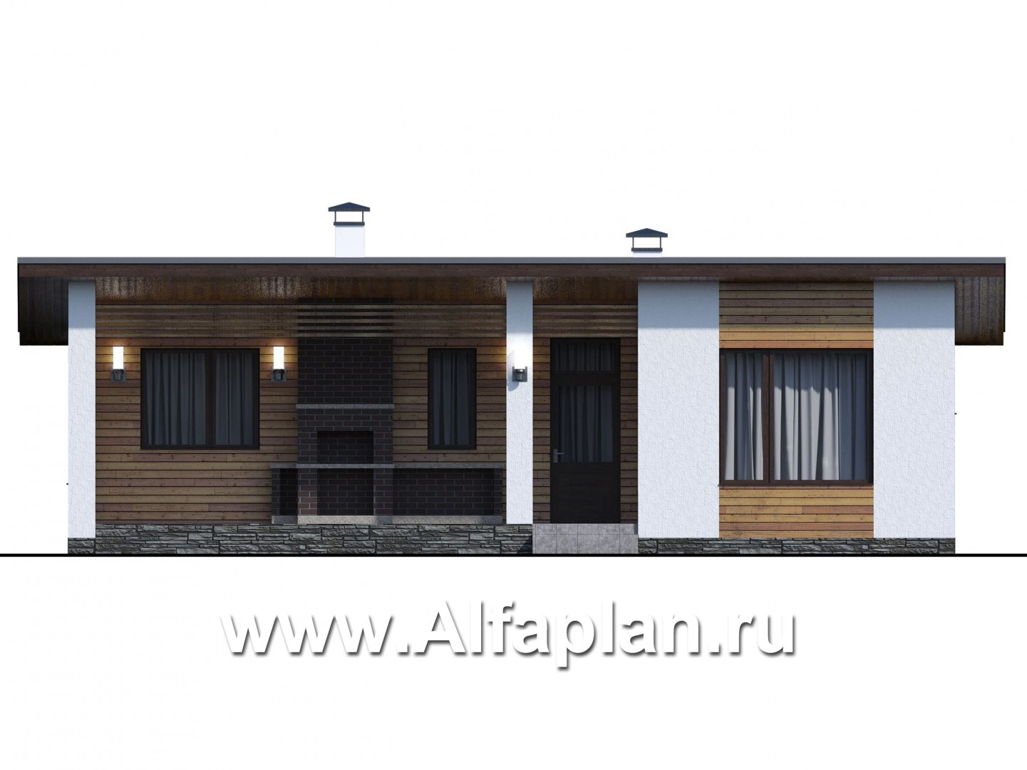 Проекты домов Альфаплан - «Бета» - проект одноэтажного каркасного дома с террасой, в скандинавском стиле - изображение фасада №1