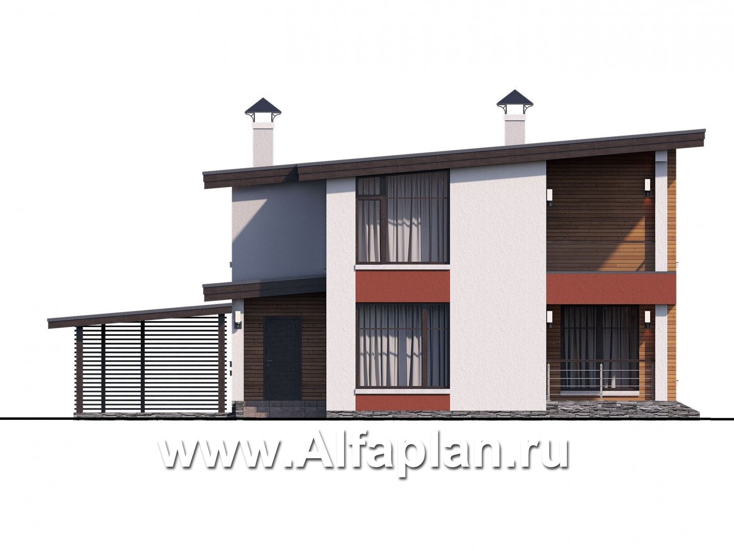 «Фабула» - проект двухэтажного дома с террасой и балконом, с навесом на 1 авто, в скандинавском стиле - фасад дома