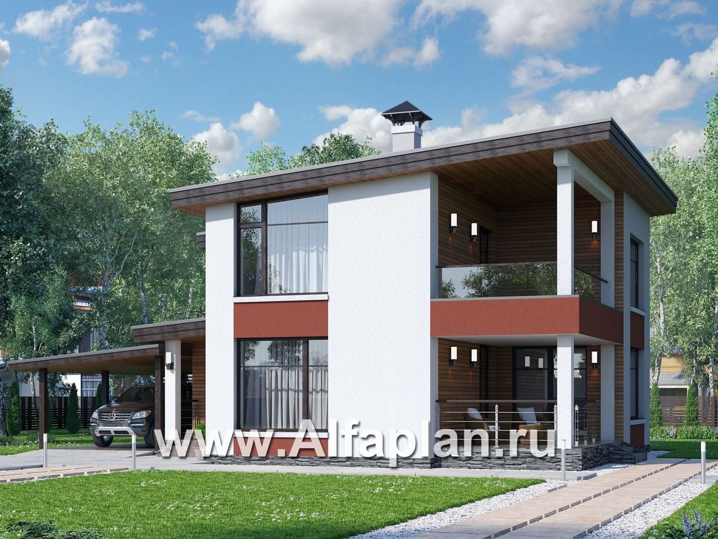 «Фабула» - проект двухэтажного дома с террасой и балконом, с навесом на 1 авто, в скандинавском стиле - основное изображение