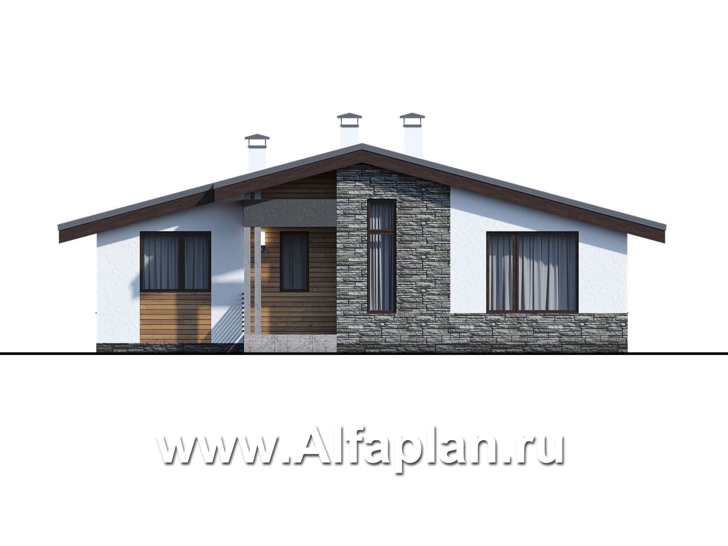 Проекты домов Альфаплан - «Калисто» - проект одноэтажного дома,  в скандинавском стиле, с террасой и с островным камином - изображение фасада №1