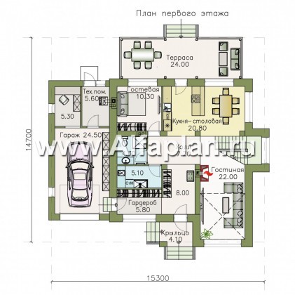 Проекты домов Альфаплан - «Вязьма» - удобный коттедж с двусветной гостиной и гаражом - превью плана проекта №1