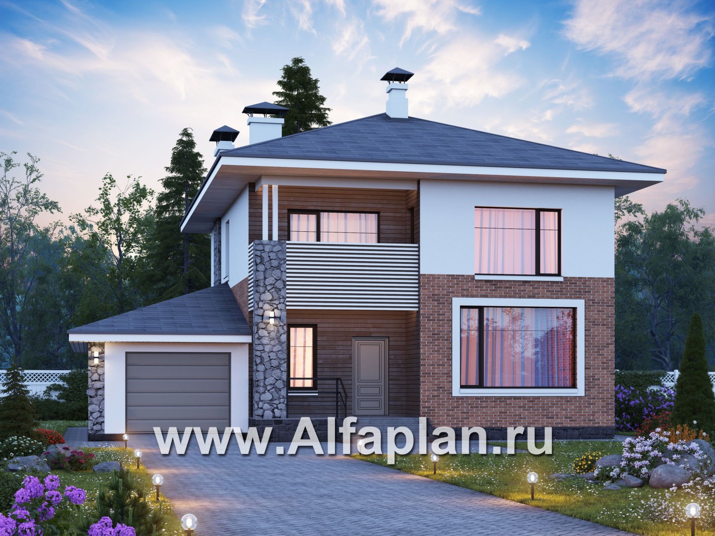 Проекты домов Альфаплан - «Сектор счастья» - стильный современный дом с гаражом - основное изображение