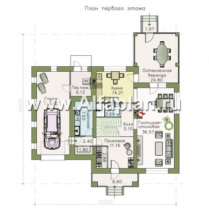 «Вернисаж» - красивый проект двухэтажного дома, с просторной террасой, со второй гостиной на 2 эт, с гаражом на 1 авто - превью план дома
