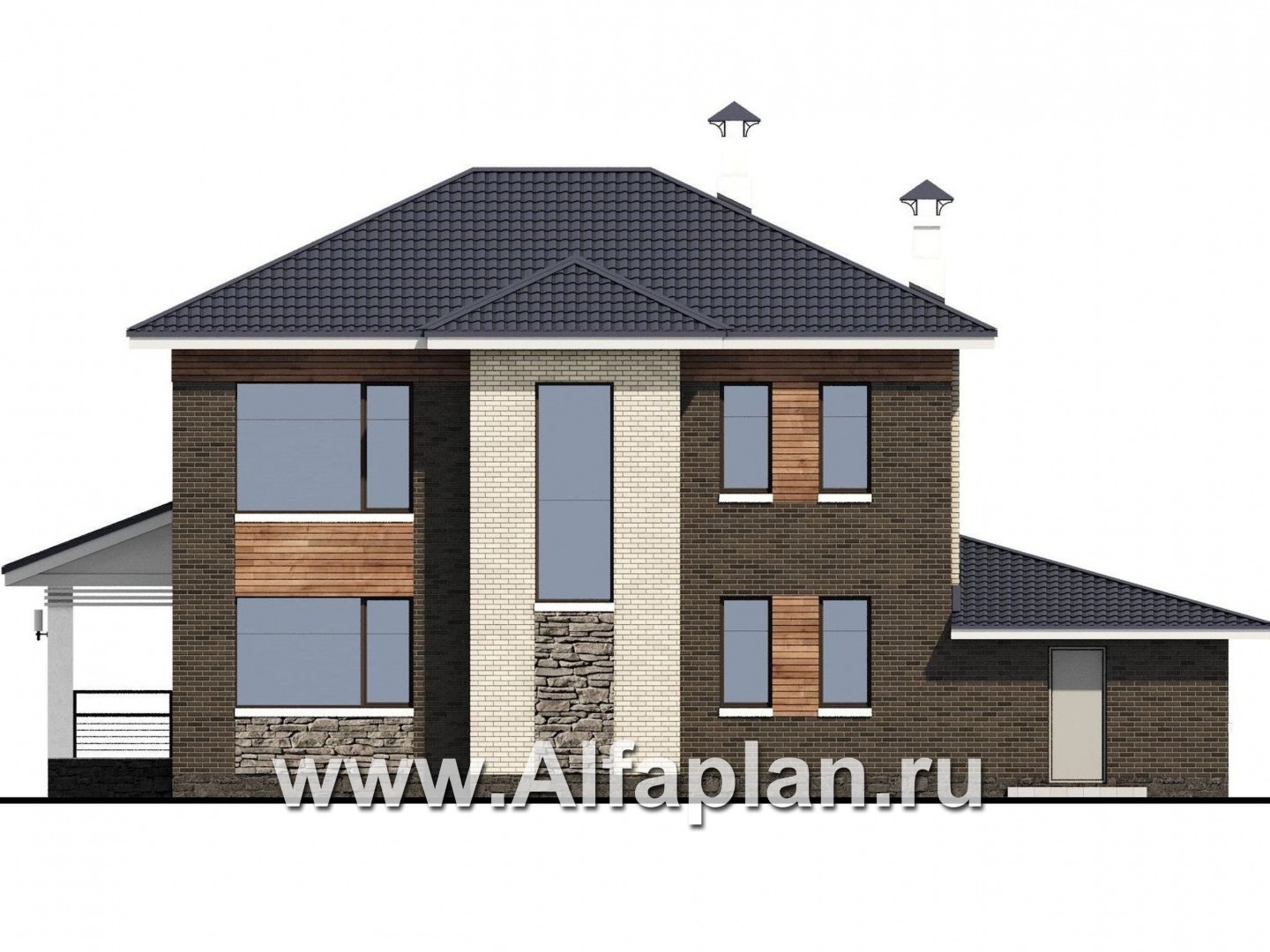 Проекты домов Альфаплан - «Светлая полоса» - современный двухэтажный коттедж - и верандой - изображение фасада №3