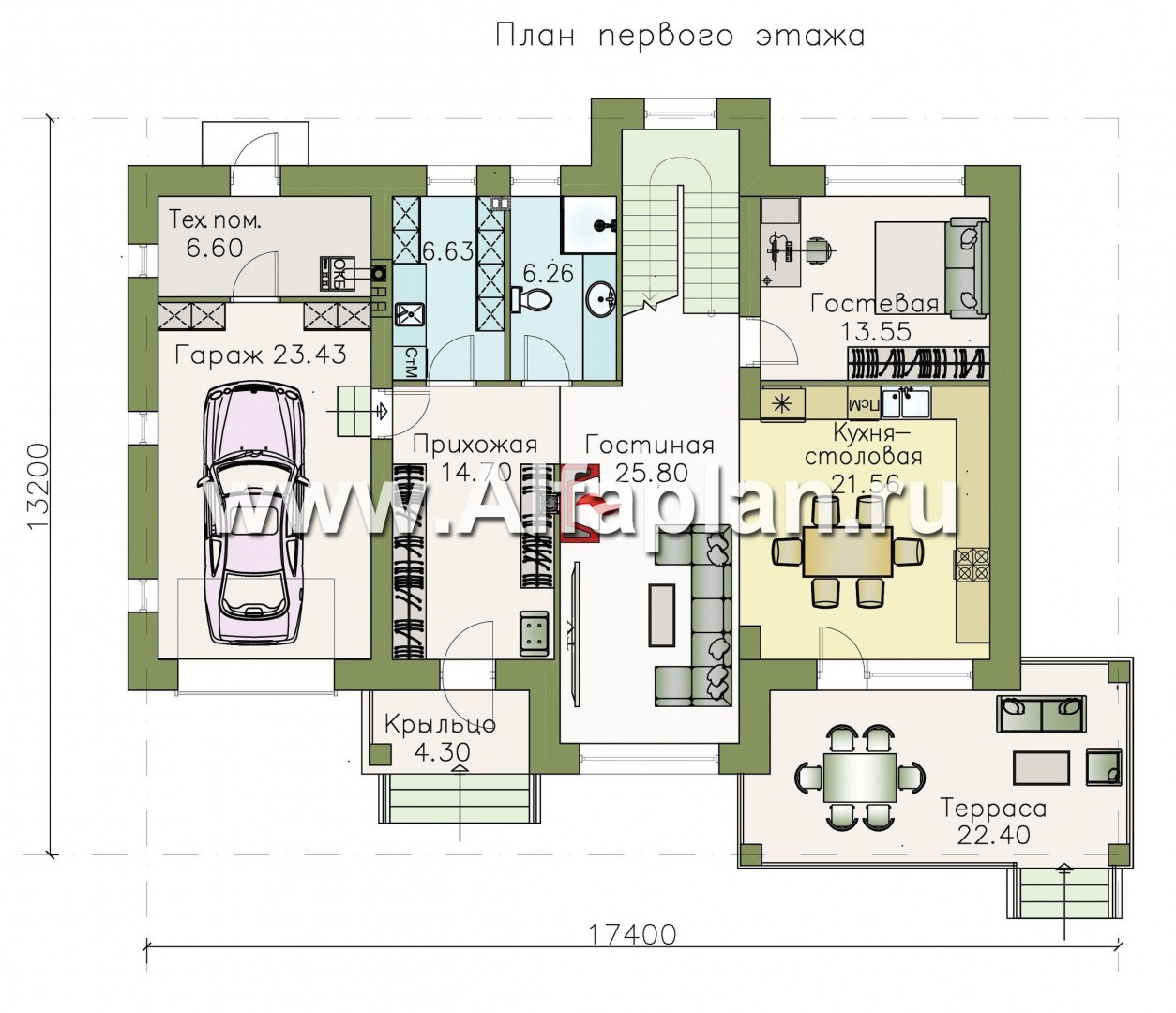 Проекты домов Альфаплан - «Светлая полоса» - современный двухэтажный коттедж с гаражом и верандой - план проекта №1