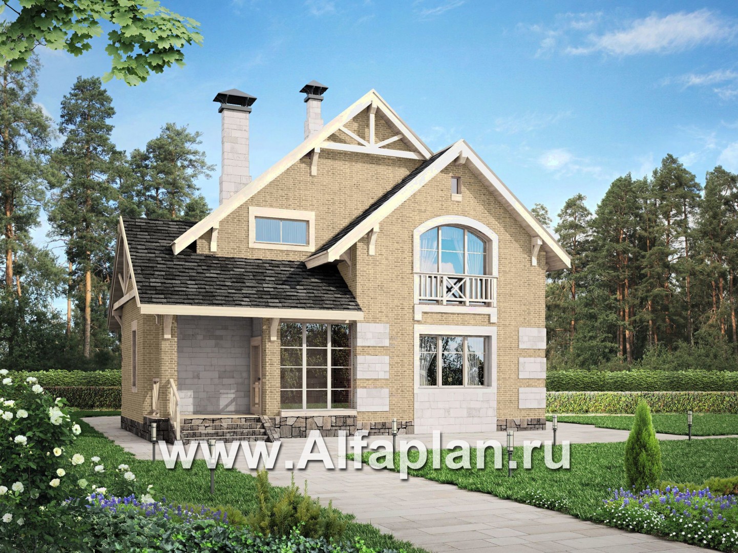«Новая пристань» - проект дома с мансардой, из блоков, планировка с кабинетом на 1 эт, с террасой - основное изображение