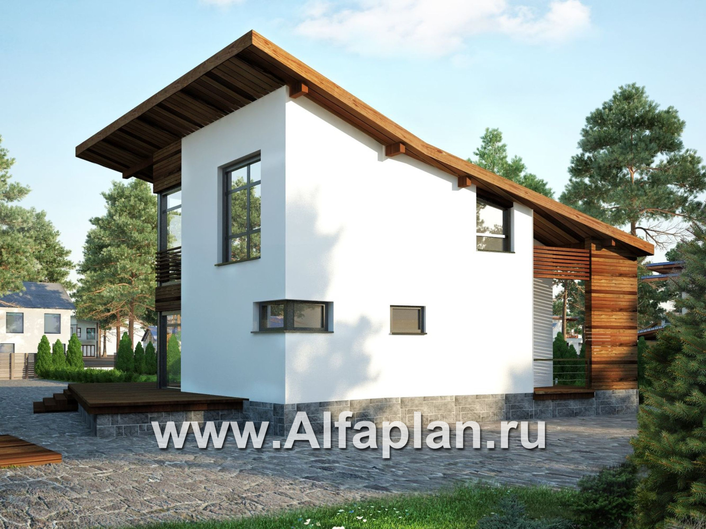 Проект дома с мансардой, с сауной и с террасой, со вторым светом гостиной, в скандинавском стиле - дизайн дома №1
