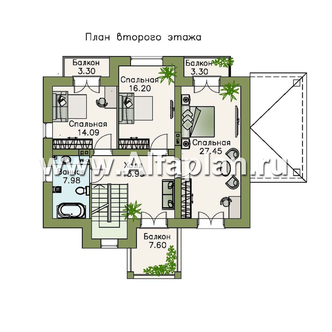 «Разумовский» - проект двухэтажного дома, с террасой, с балконом, в стиле модерн - план дома